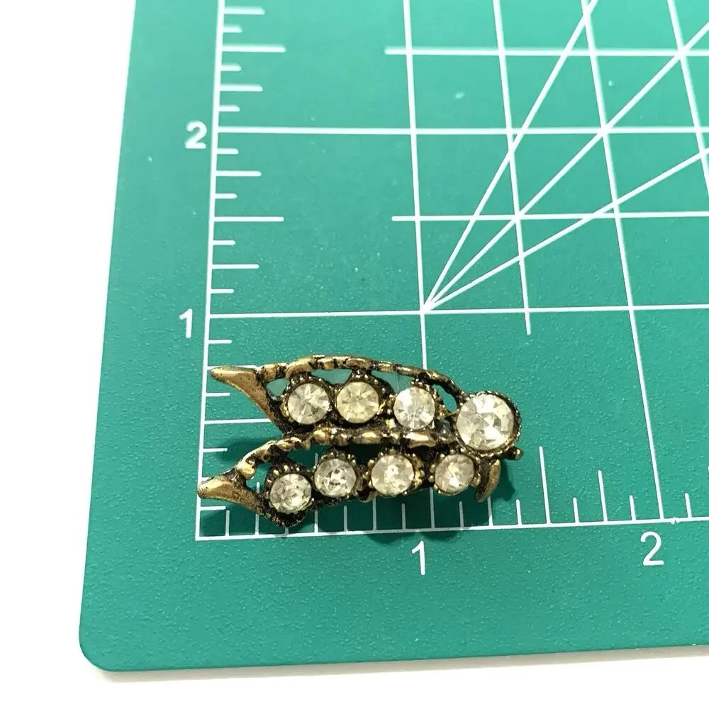 Vintage Clear Rhinestone Small Antiqued Gold Tone Brooch Lingerie Pin Leaf
